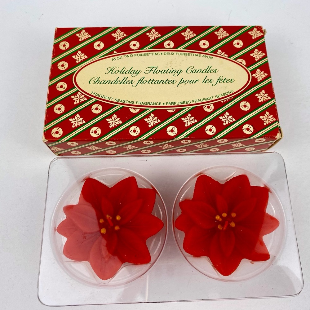 AVON 1983 Christmas Poinsettia Floating Candles Set of 2 Fragrant Seasons NOS